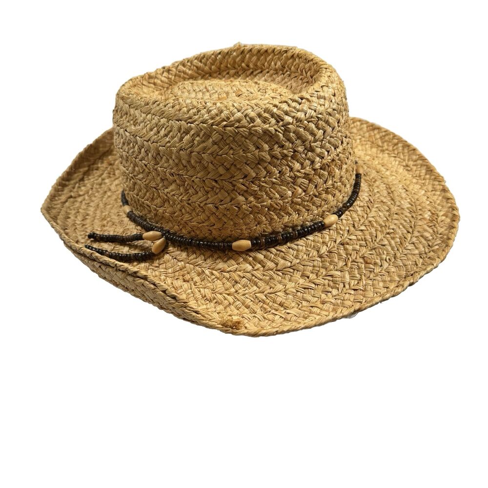 Vintage Dorfman Pacific Genuine Raffia Straw Sun Hat Mens XL Wood Bead Band